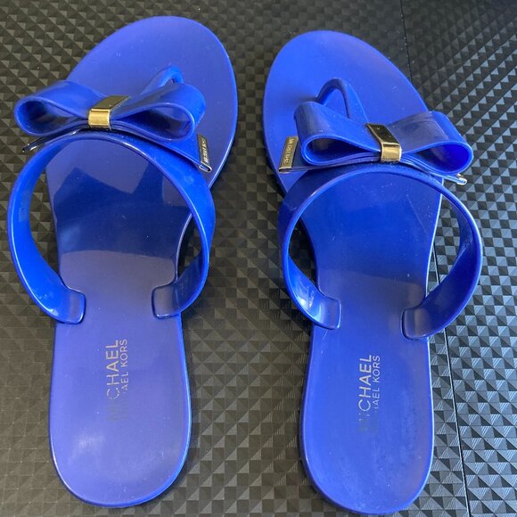 Michael Kors Women's Kayden Blue Jelly Thong Bow Sandals Gold Accents US Size 7 - Picture 5 of 10